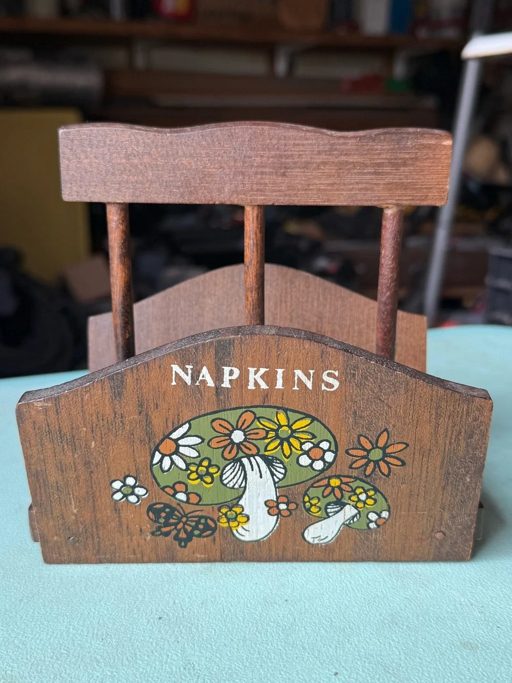 VTG Wooden Napkin Holder with Mushroom Design
